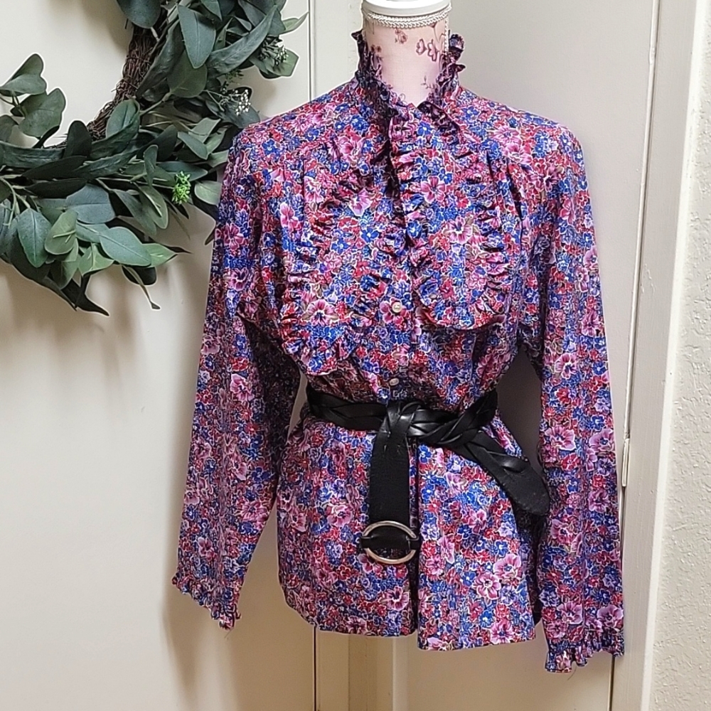 VTG  | Multicolored Floral Print Blouse W/ Floppy Bow Tie